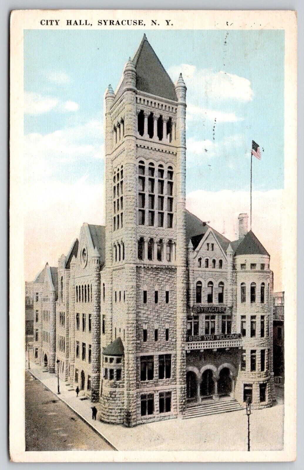 City Hall Syracuse New York Birds Eye View American Flag Cacel 1923 PM Postcard