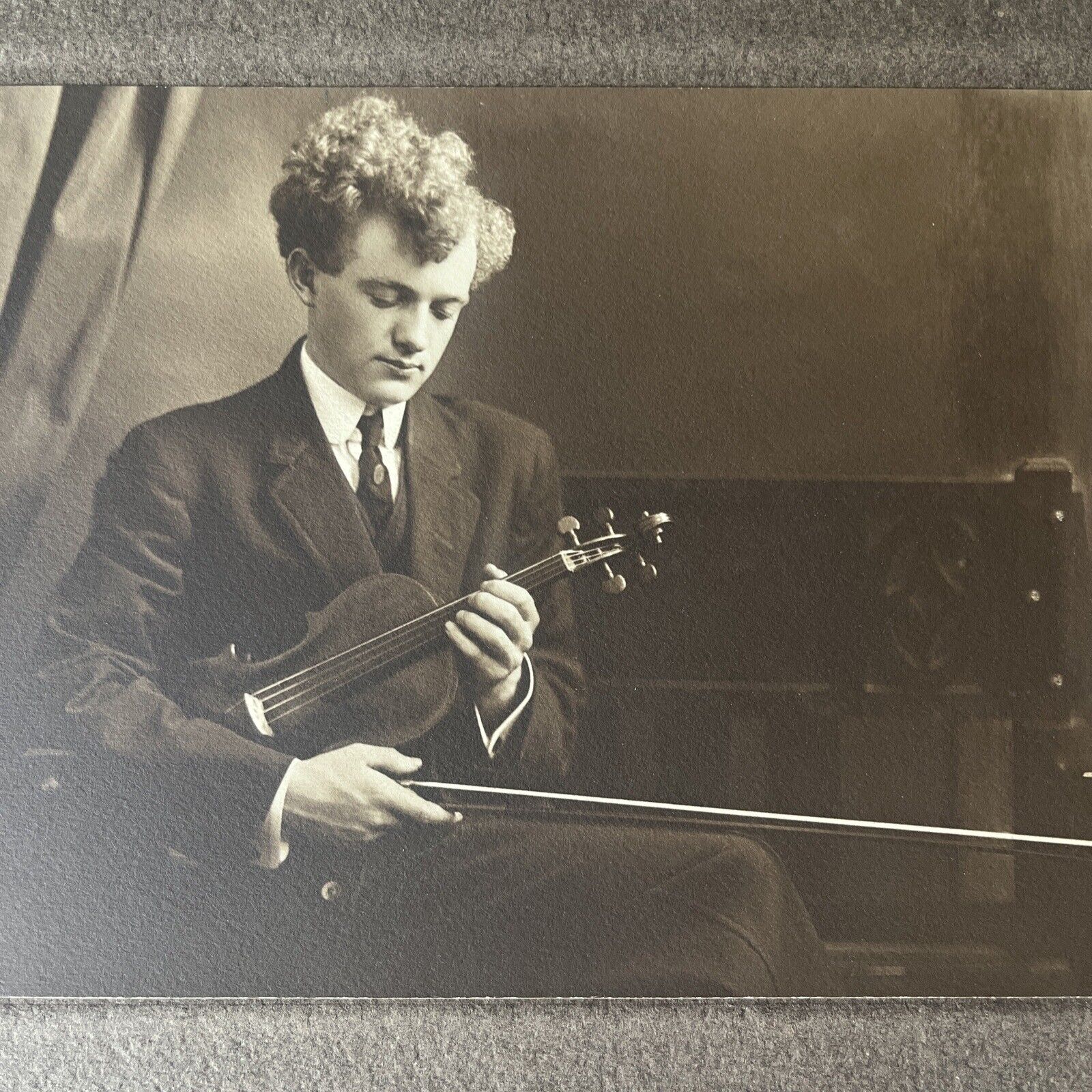 VTG Violinist Classical Musician Man SEPIA 1900s Pasadena Curly Hair PHOTO
