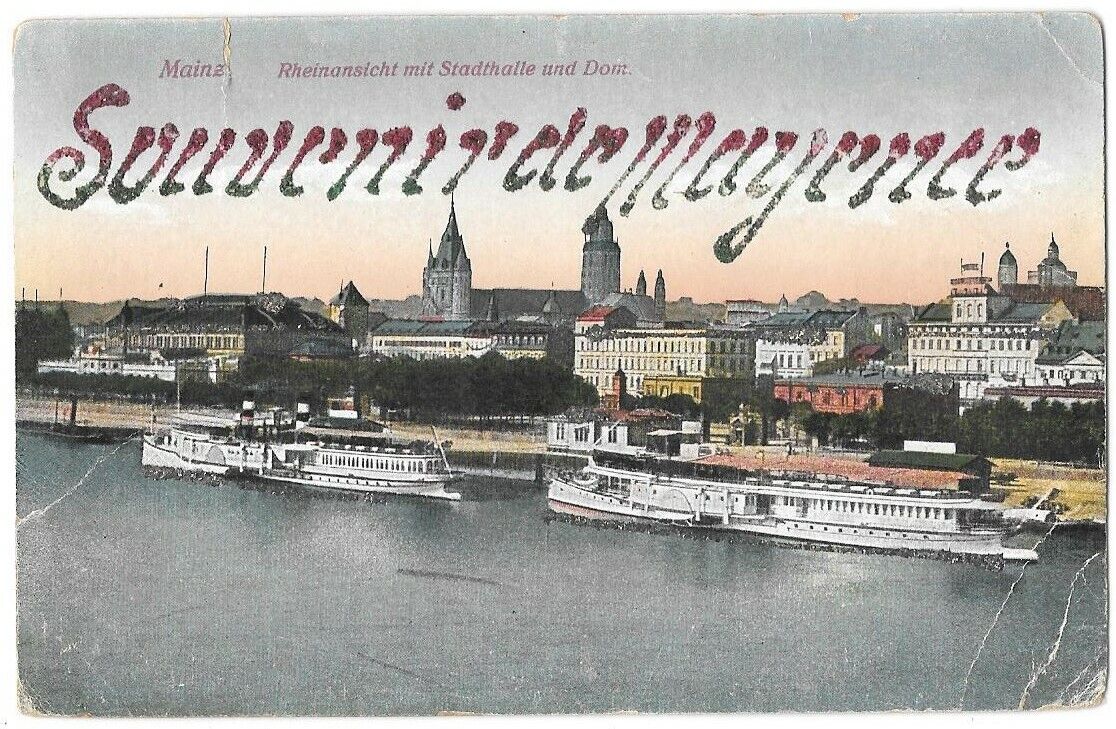  Souvenir of MAYENCE Germany CPSM Boats Colorized Written ~1920