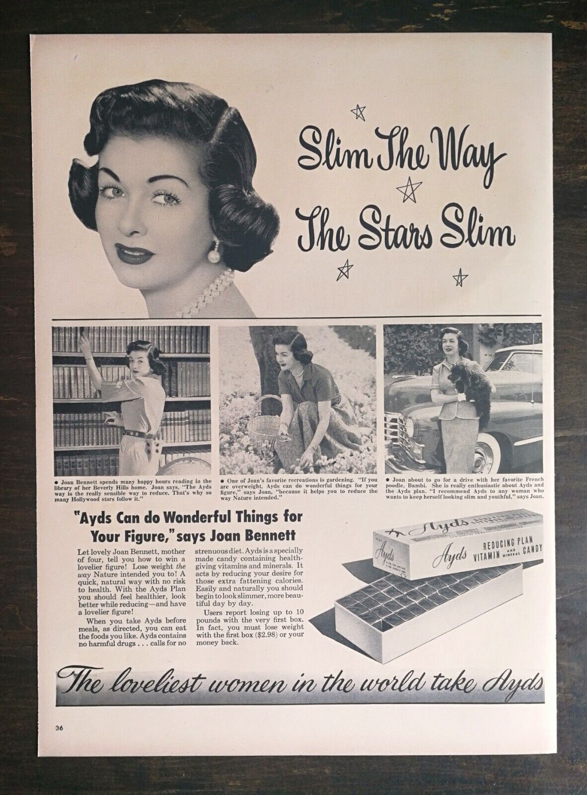 Vintage 1952 Ayds Vitamin Candy Joan Bennett Full Page Original Ad 622