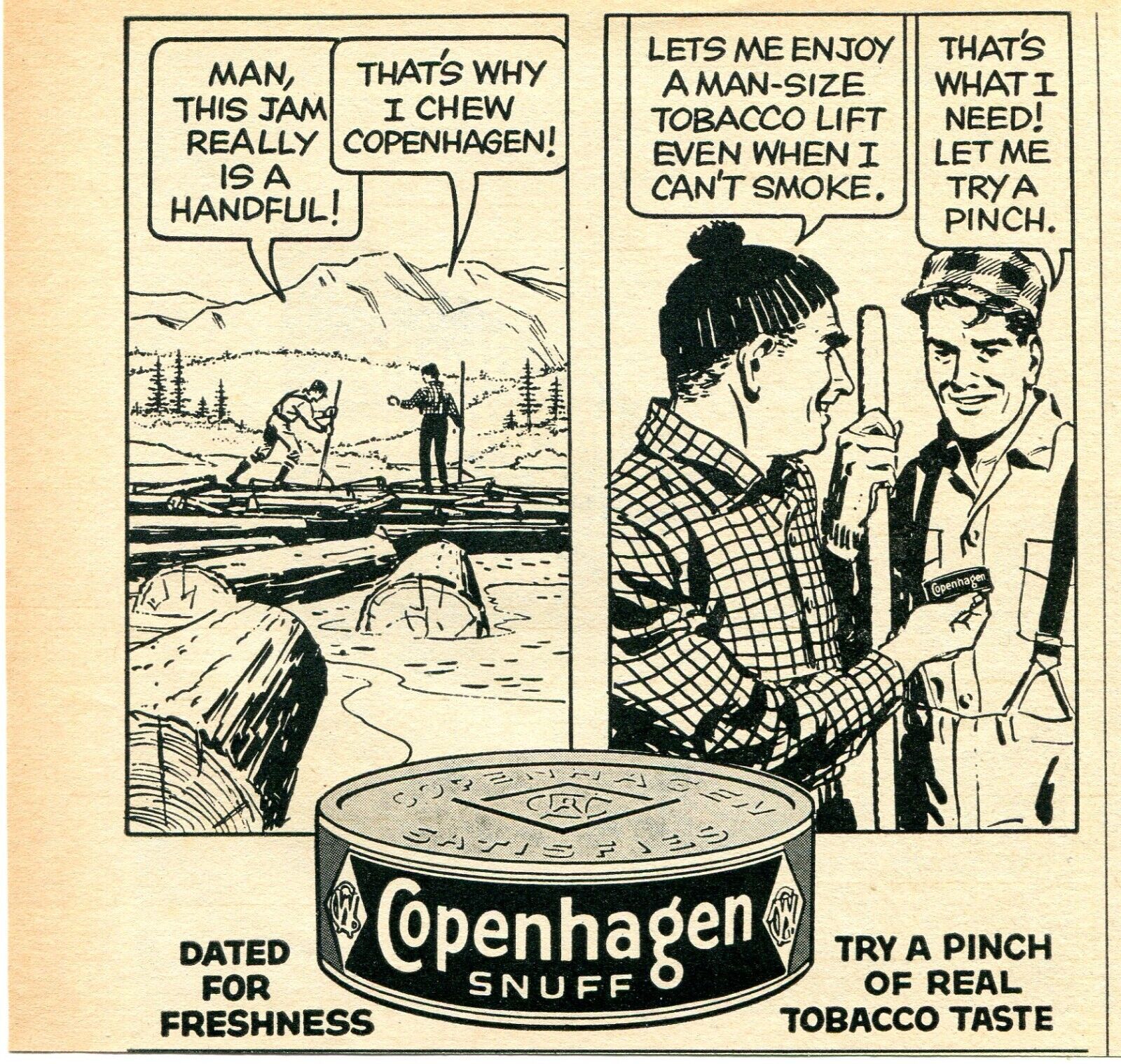 1964 small Print Ad of Copenhagen Smokeless Tobacco man-size tobacco loggers
