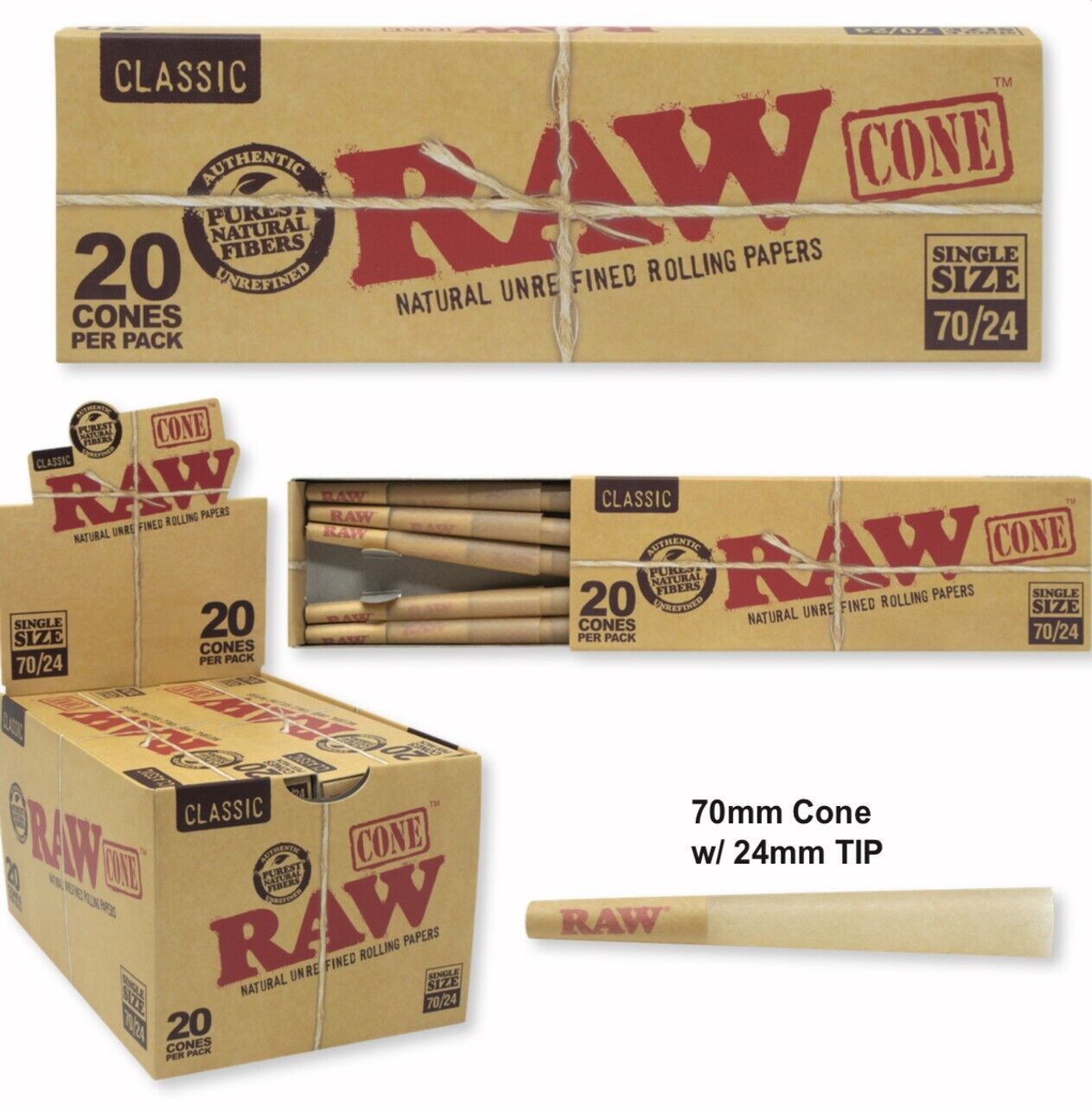 Raw Single Wide Classic CONE Rolling Papers 20 Cones Per PK 1 Pack USA SHIPPED