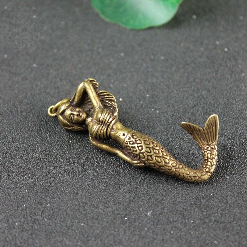 Pure Brass Mermaid Key Chain Keyring Figurine Ornament Miniature Statue Craft