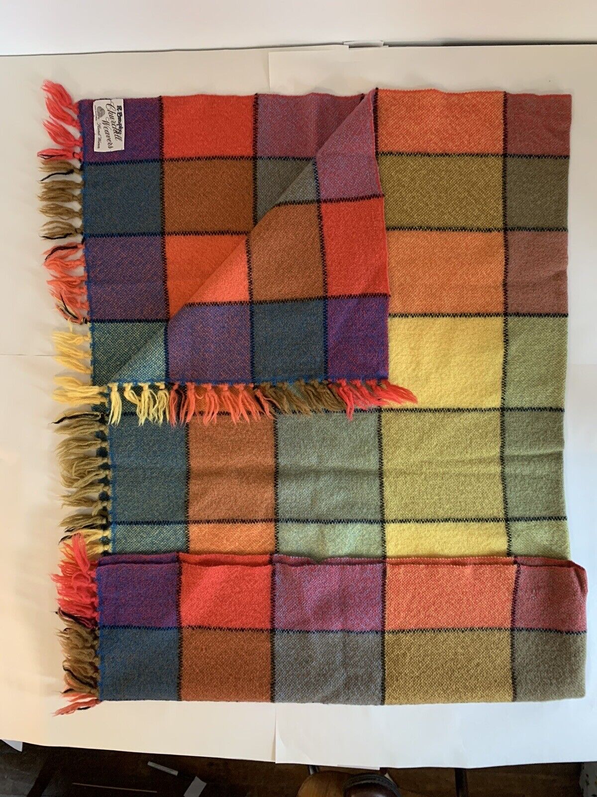 VTG Churchill Weavers Handwoven Pure Wool Plaid Throw Blanket Fringed 45\