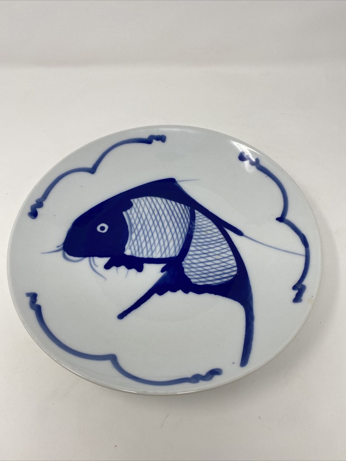 Vintage Cobalt Blue Koi Fish Serving Bowl Hand Painted Chinese Porcelain 10.25\