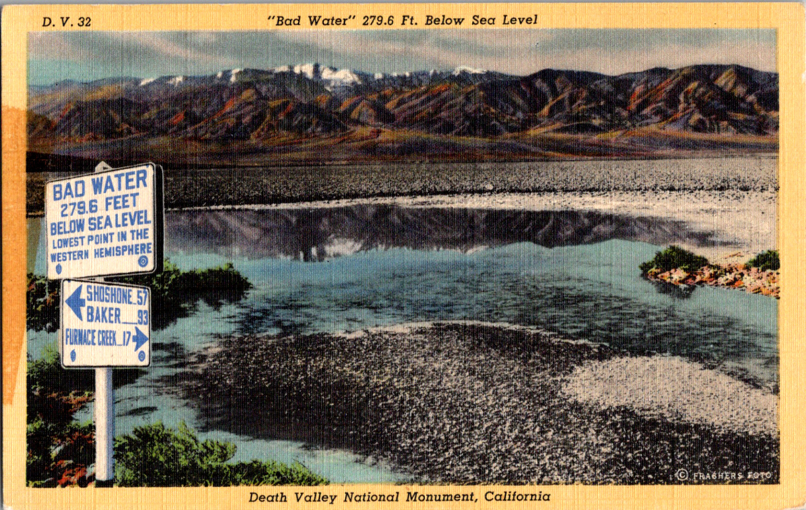 Vintage 1949 Bad Water 279\' Below Sea Level Death Valley California CA Postcard 