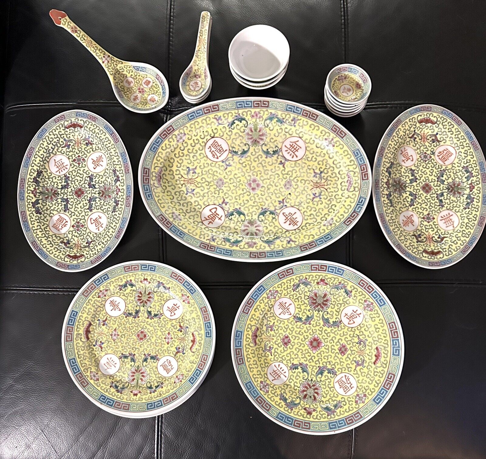 Vintage, Chinese yellow Famille Rose Mun Shou Longevity Porcelain Dish Set