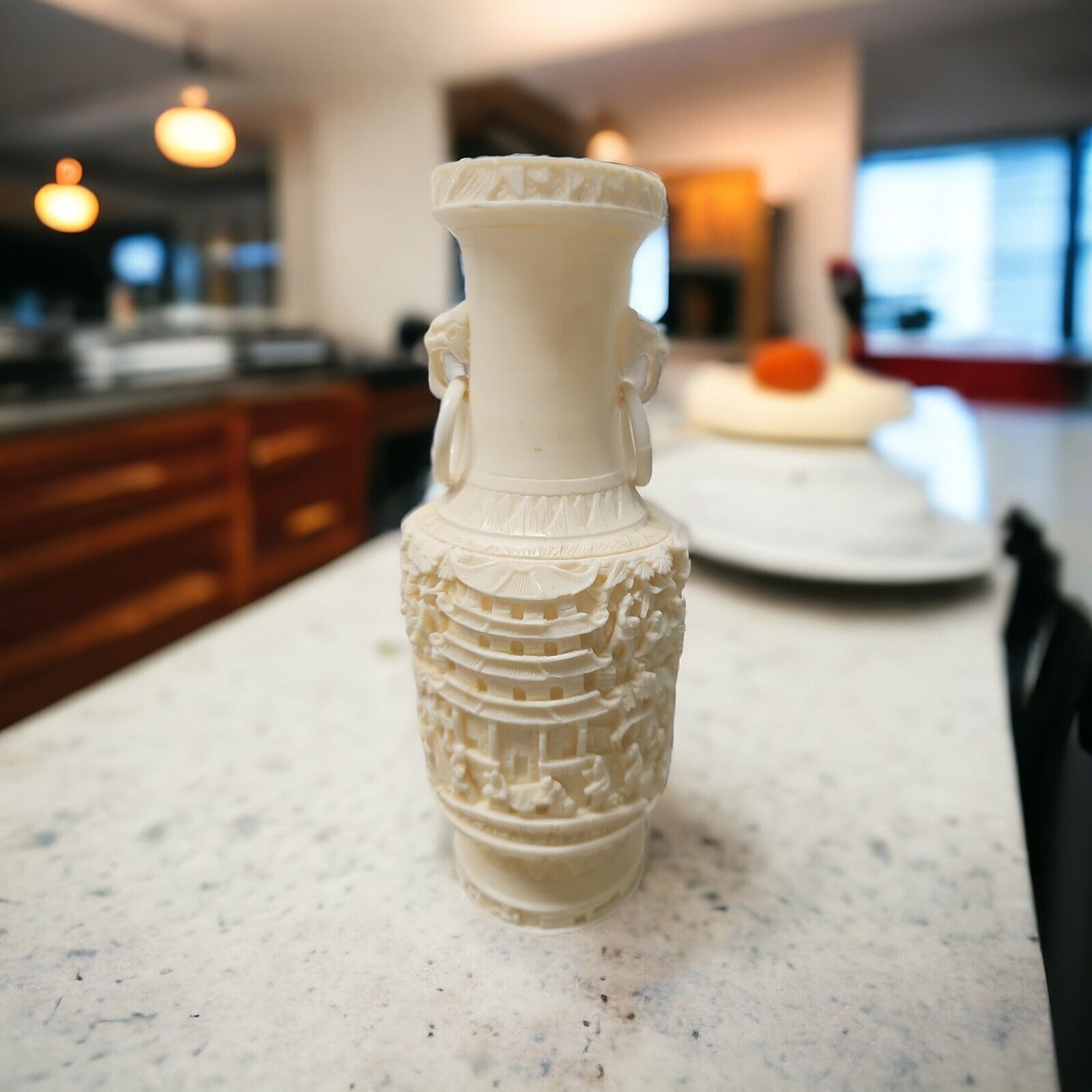 Ivory Resin Handcarved Vase With Handles Oriental Japan VTG