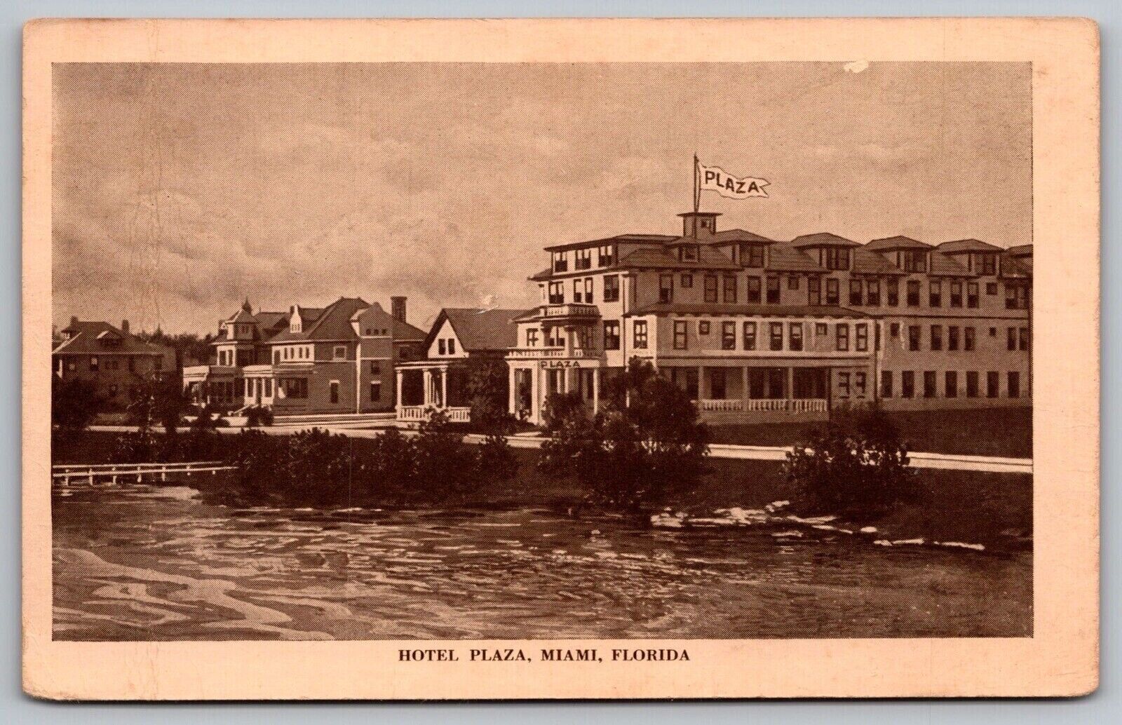 Hotel Plaza Miami Florida Sepia Waterfront Flag Historic Vintage UNP Postcard