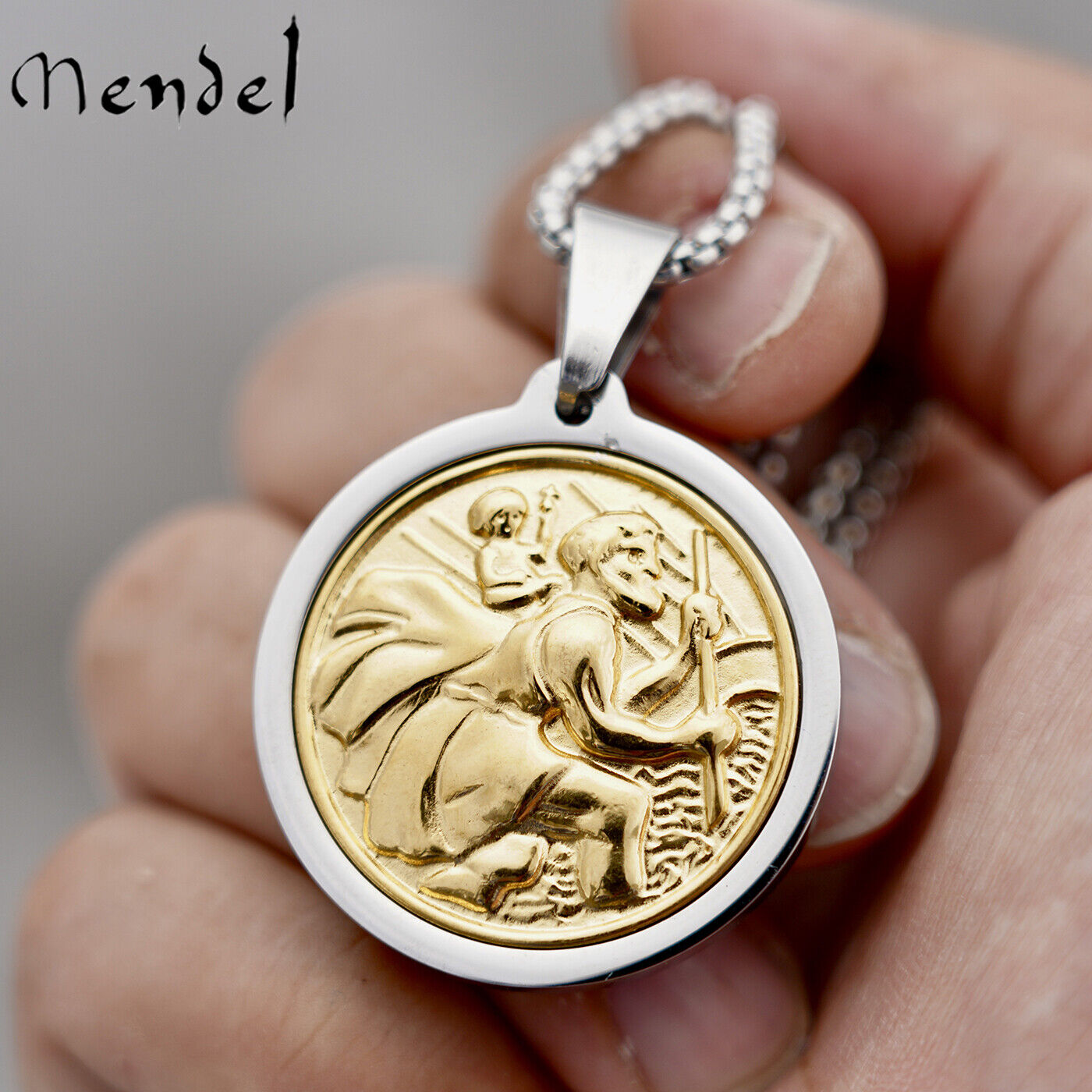 MENDEL Mens Gold St Saint Christopher Medal Pendant Necklace Stainless Steel Set