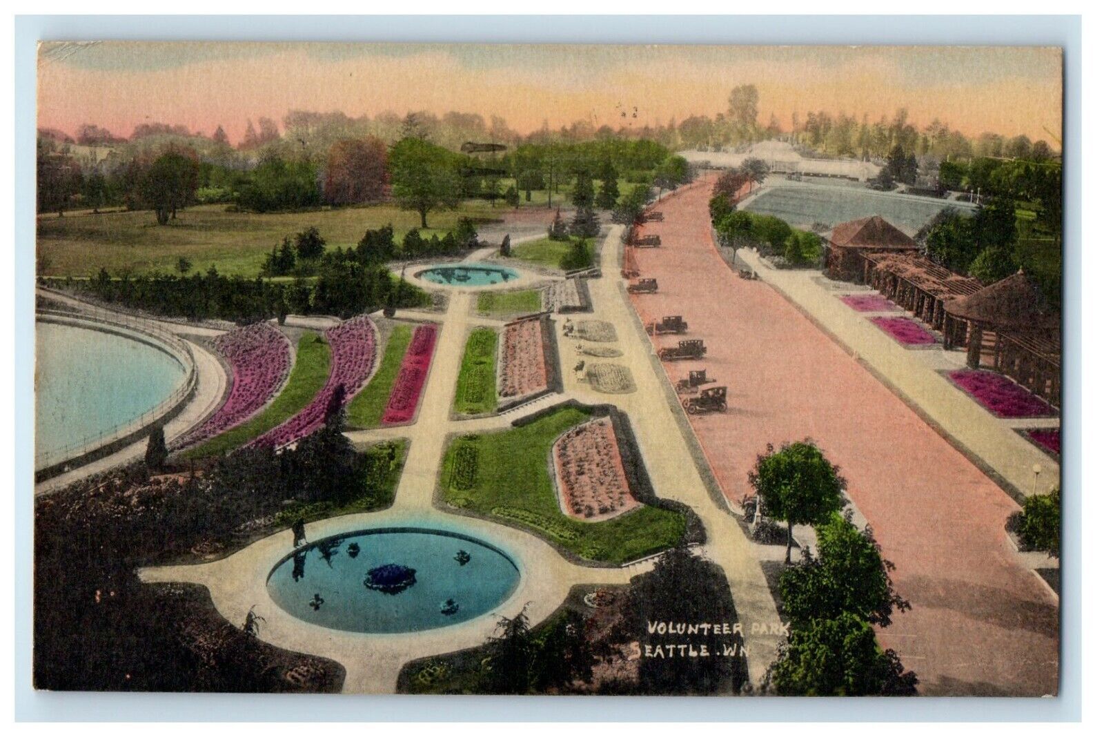1935 Bird\'s Eye View Volunteer Park Seattle Washington WA Handcolored Postcard