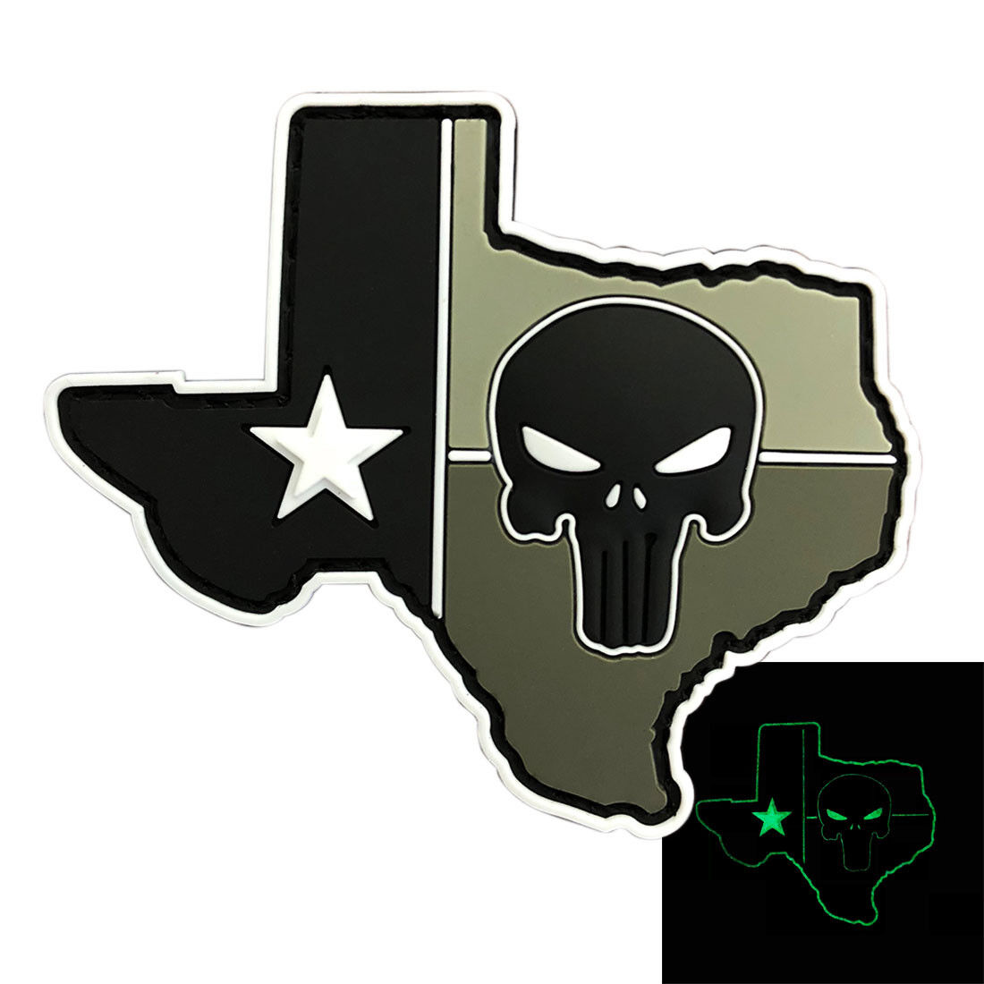 TEXAS STATE FLAG MAP SKULL TX  HOOK PATCH (3D-PVC Rubber-GLOW DARK) 