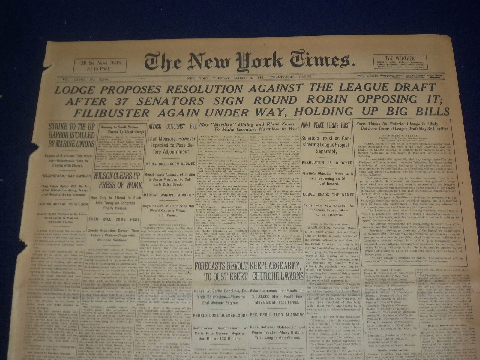 1919 MARCH 4 N. Y. TIMES-LODGE PROPOSES RESOLUTION AGAINST LEAGUE DRAFT- NT 9265