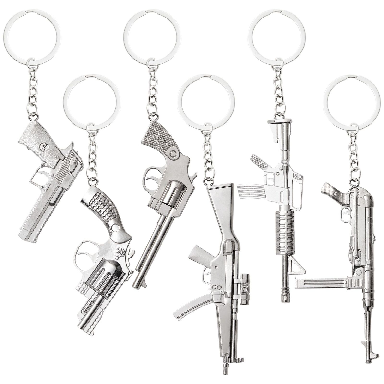 6 Pack Metal Military Gun Keychains for Men, 6 Assorted Designs and Sizes