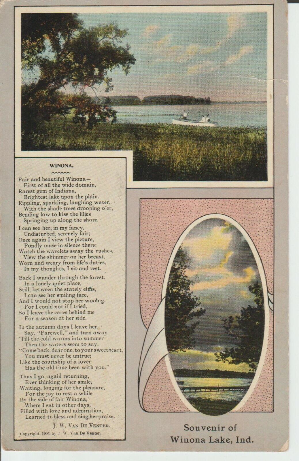 Winona Lake, Indiana Souvenir; Lake; J.W. Van De Venter Poem; Postcard  A6