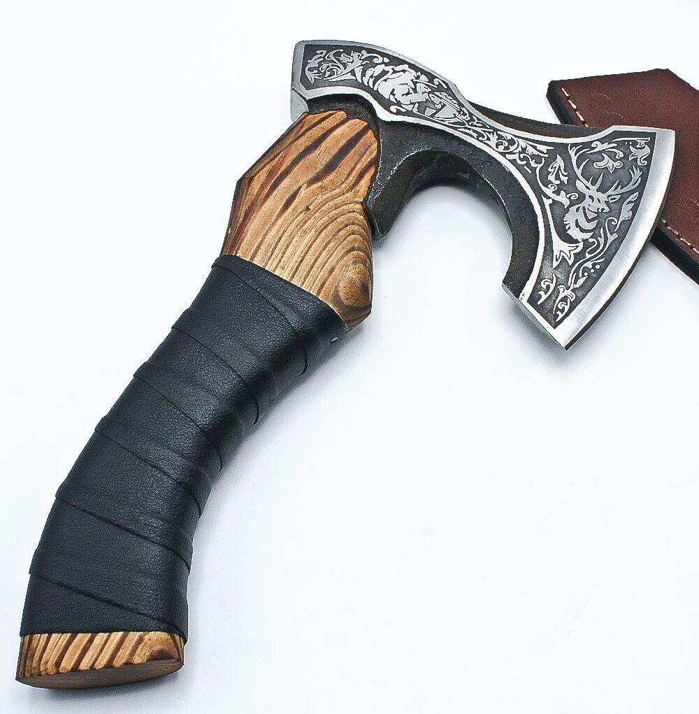 Handmade Etched High Carbon Steel Blade Viking Axe - Ashwood Handle