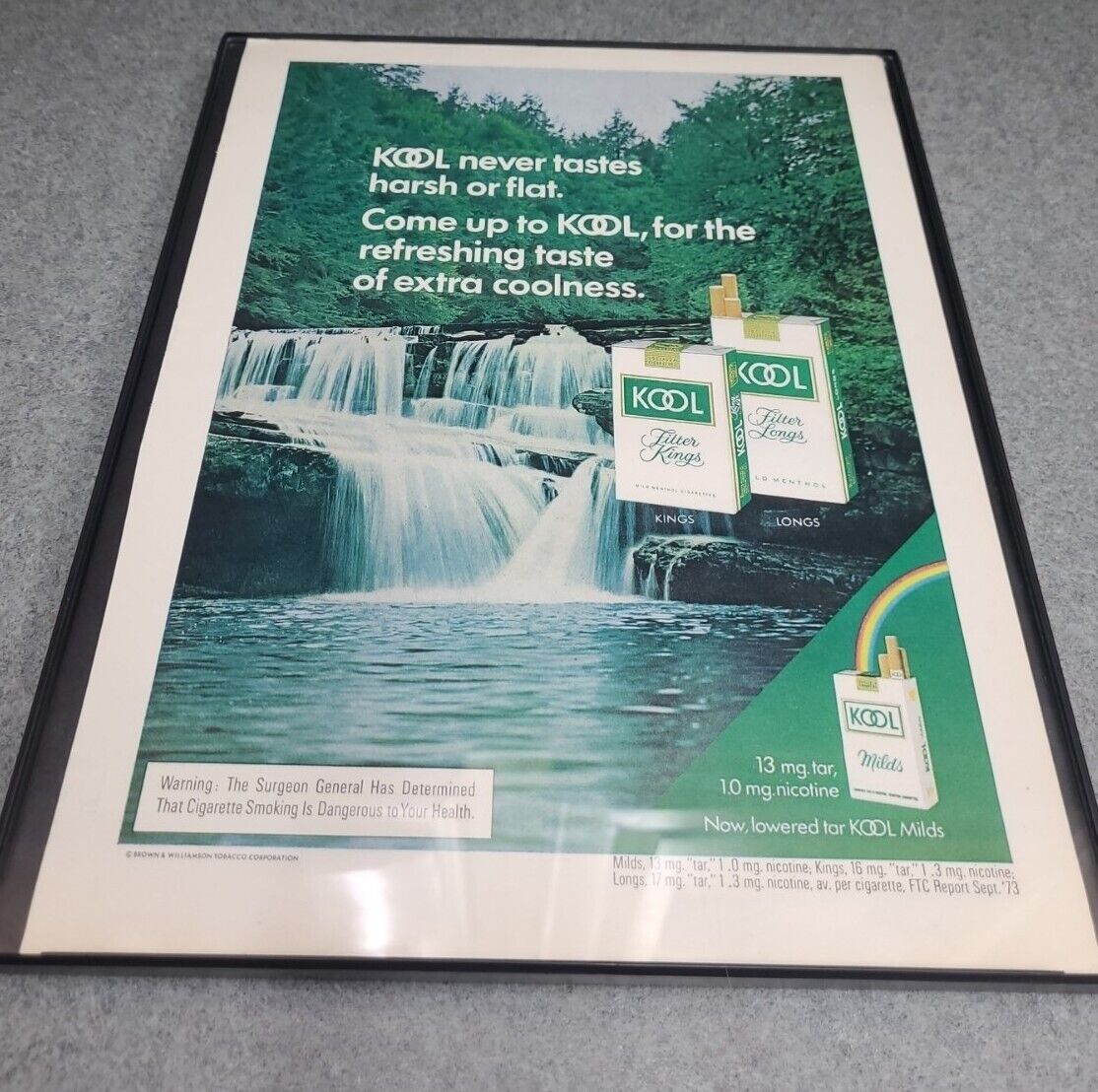 1974 Kool Cigarettes Taste Coolness Print Ad Waterfall River Wall Framed 8.5x11 