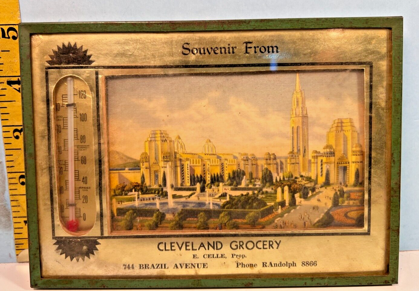 1939 Worlds Fair Cleveland Grocery Souvenir Thermometer Frame