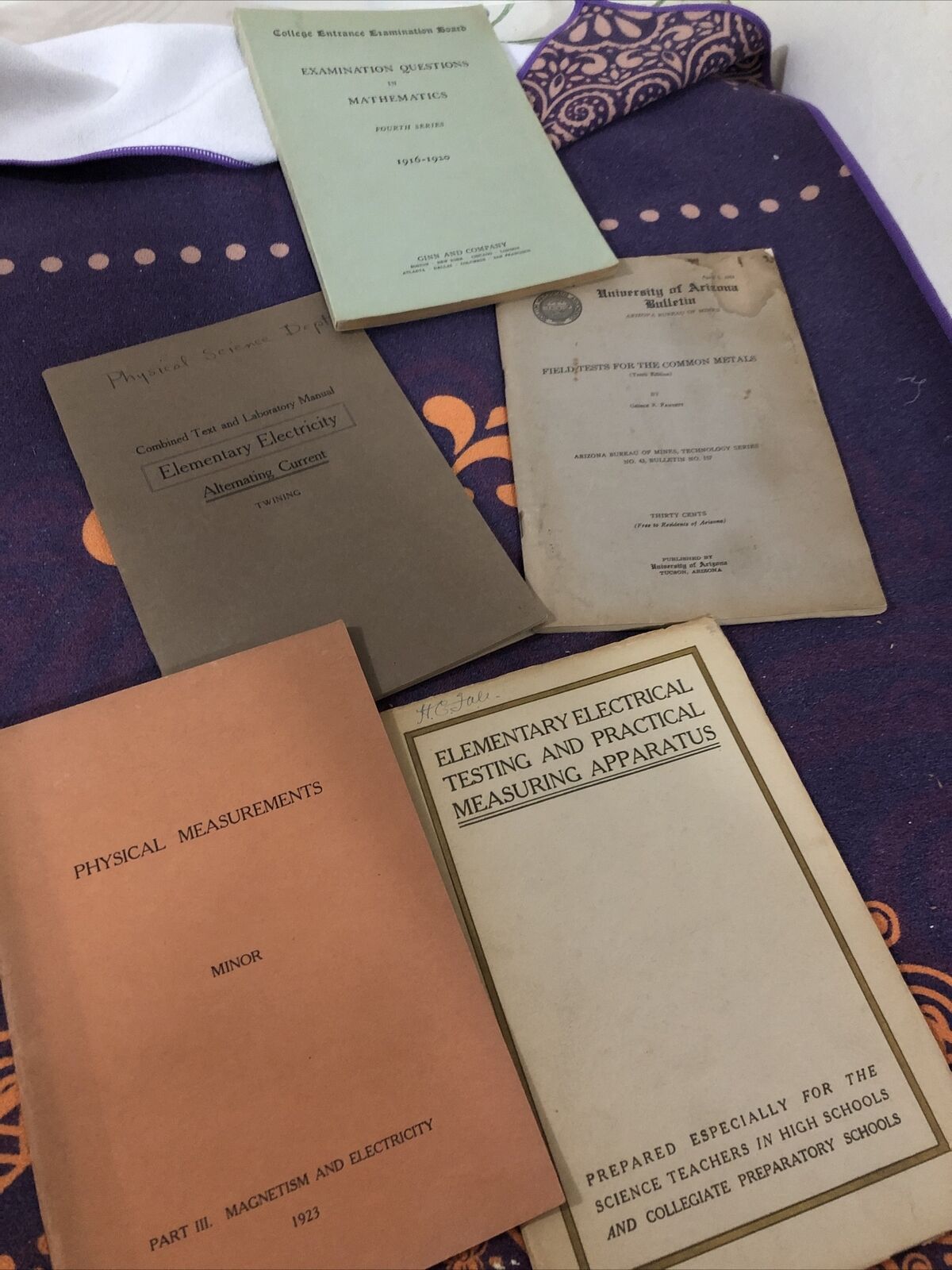 Lot Of 5 Antique Mathematics, Electricity, Magnetism, College Entrance 1923