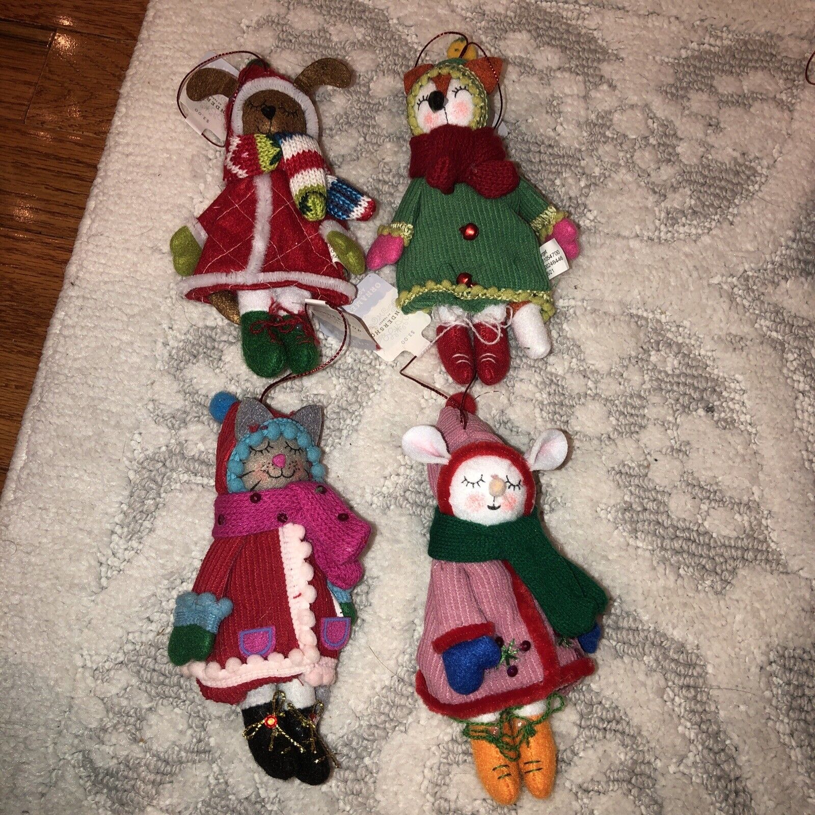 4 Dressed Felt Animals~CAT, DOG, FOX, MOUSE Christmas Tree Ornaments~Wondershop