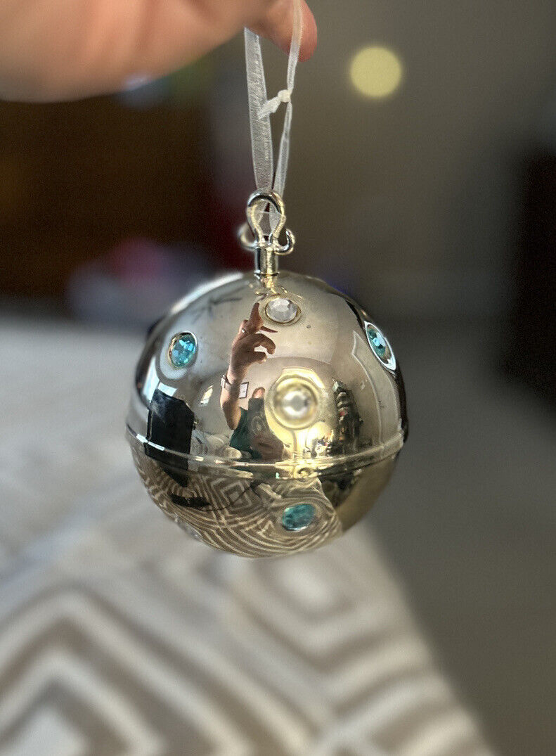 Holidays Rotating Musical Ornament, Silver Plate Ball Jewelry Gems 1 Working