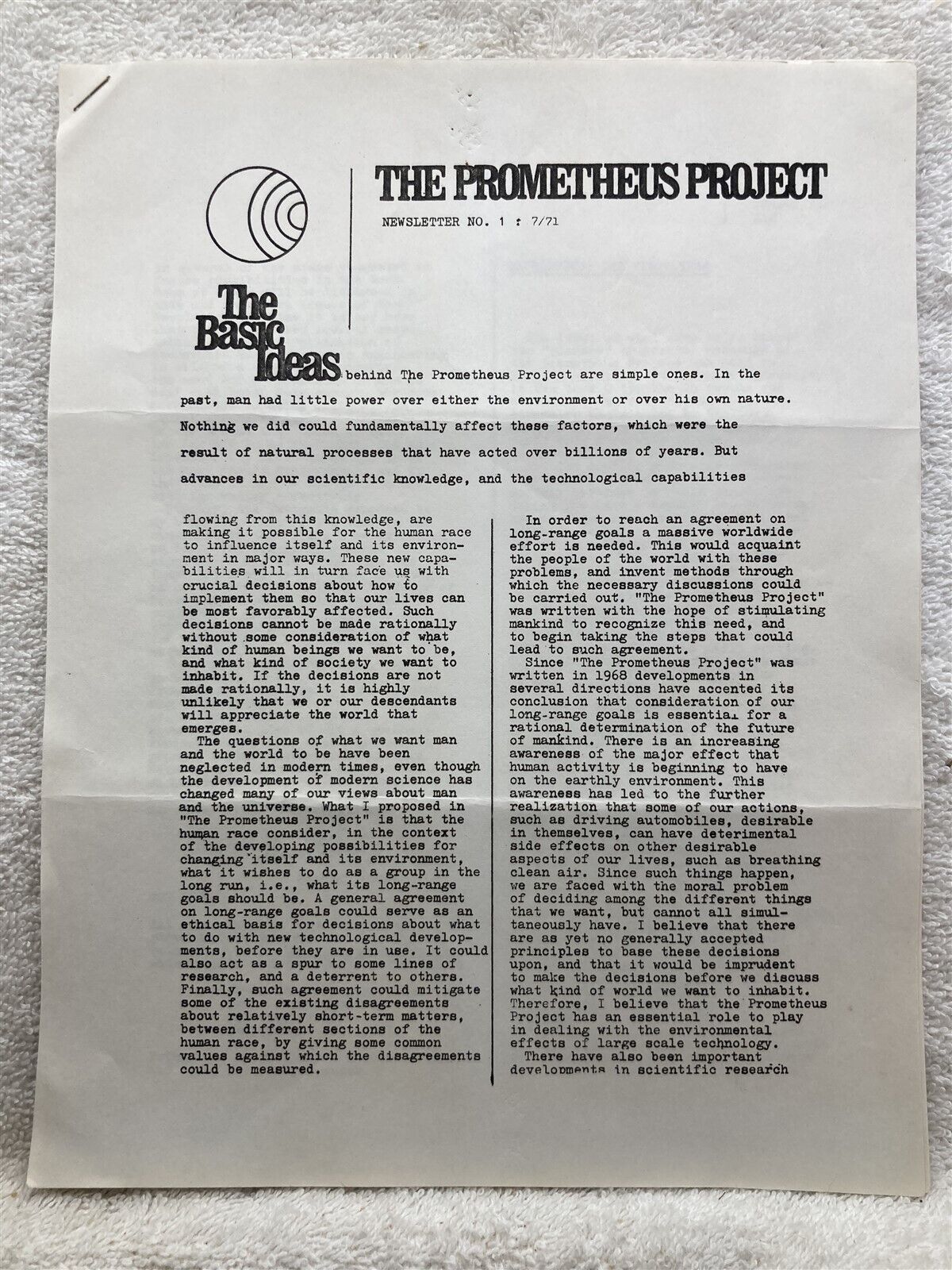 1971 The Prometheus Project Columbia University NY Newsletter Human Impact  Vtg