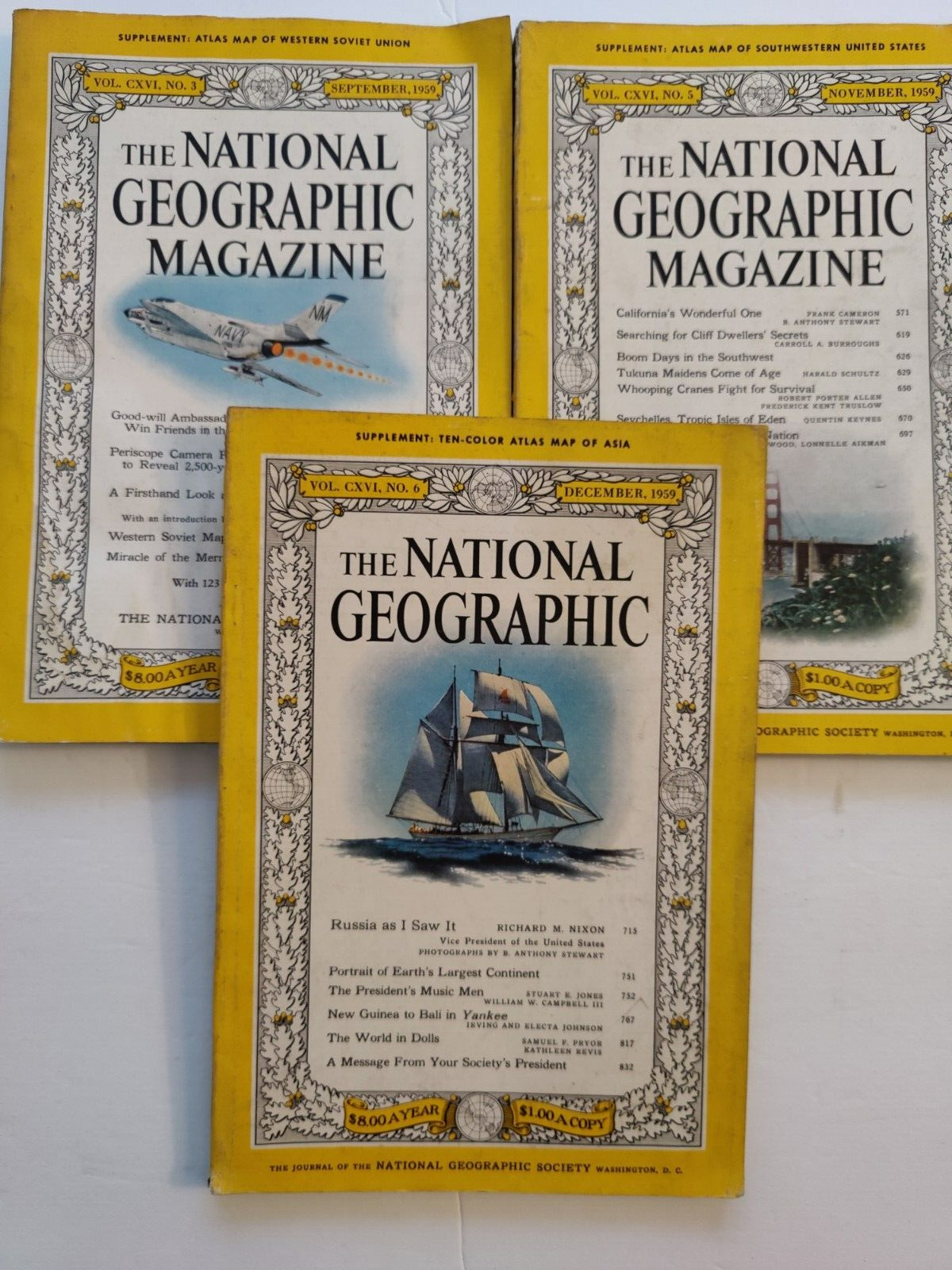 September, November & December 1959 National Geographic Magazine Lot Of 3