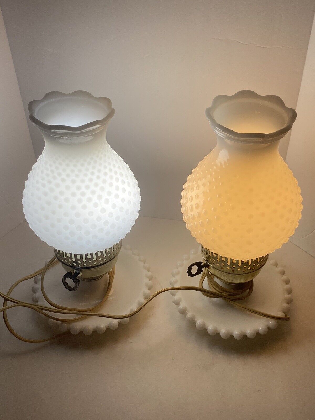 Set of 2 Fenton UnderWriters Laboratories Hobnail Milk Glass Lamps H3374 Shade