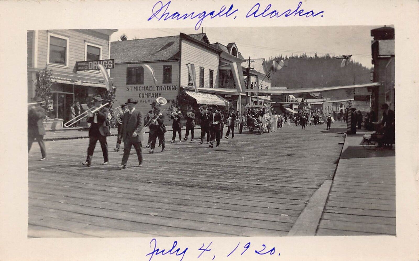 RPPC Wrangell AK Alaska Main Street 4th of July Parade Music Photo Postcard D48