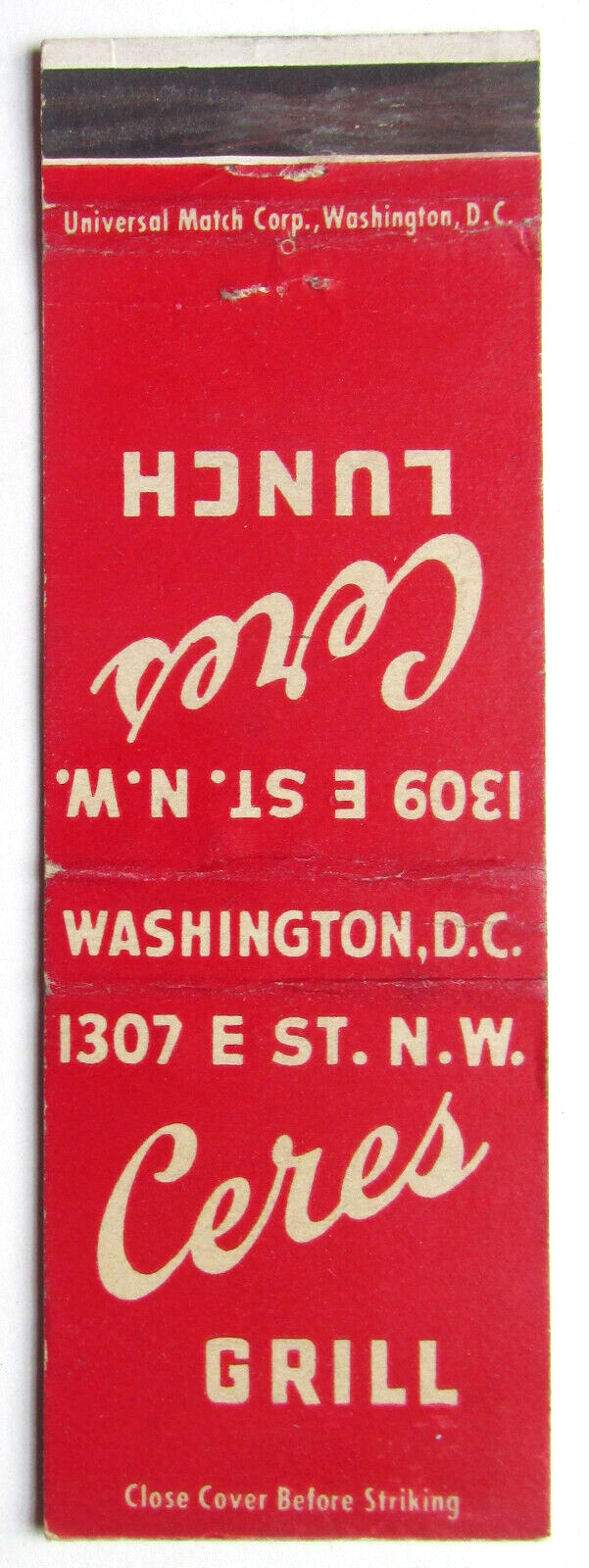 Ceres Grill / Ceres Lunch - Washington, DC Restaurant 20 Strike Matchbook Cover