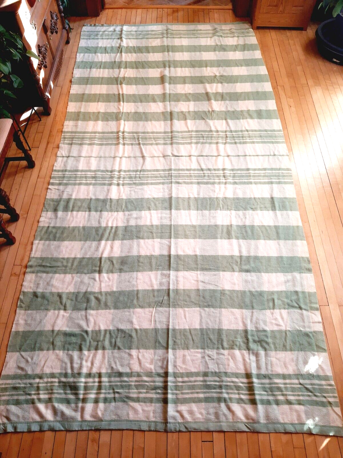 Vintage Wool Blend Picnic Blanket Green White Stripes HUGE BIG 153x74\