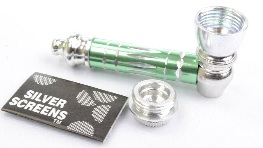 GREEN Metal Smoking Pipe With Lid and Metal Pipes Screens Filters