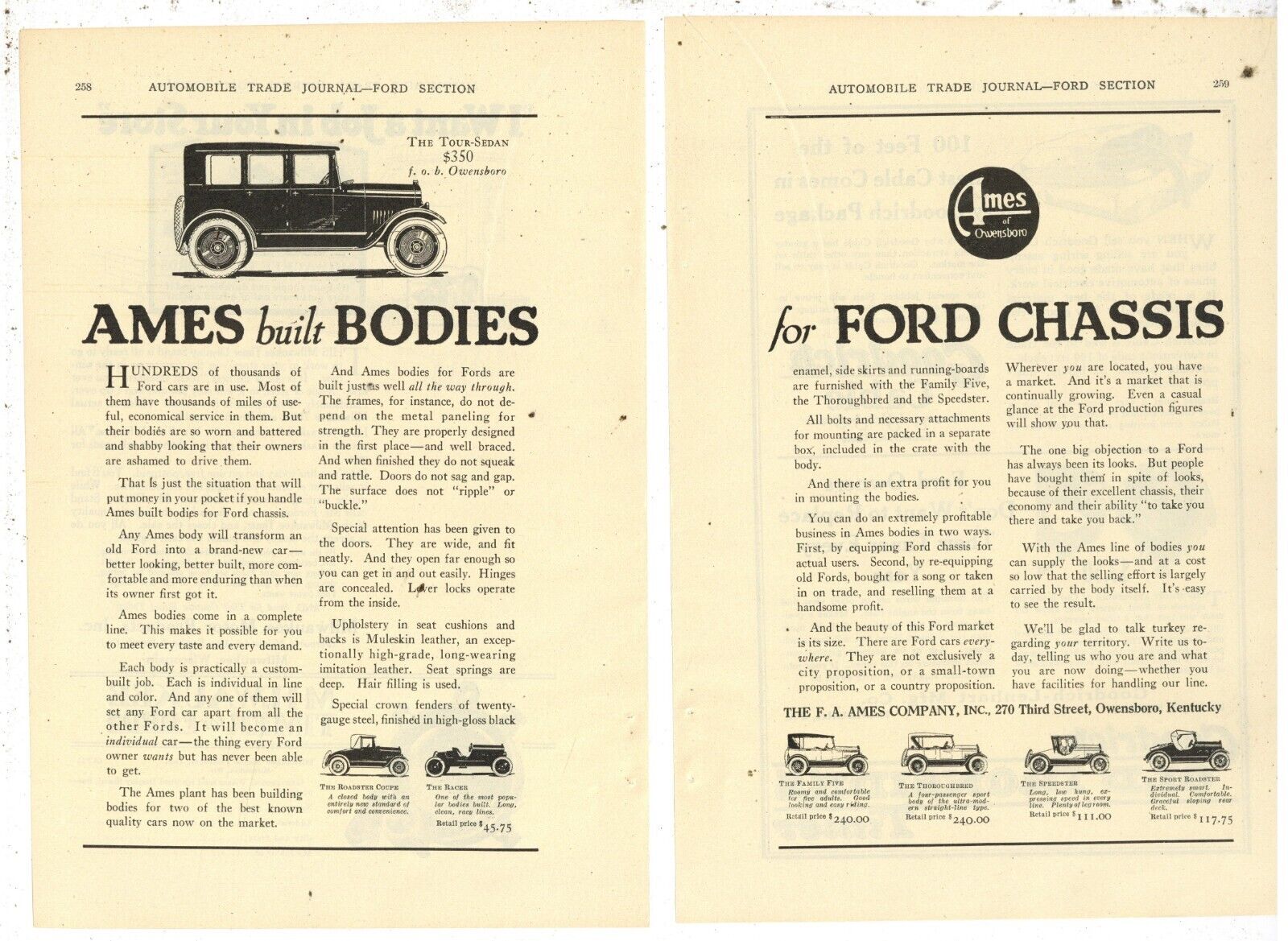 1922 F.A. Ames Co. 2 Separate Pg. Ad: Bodies for Ford Cars - Owensboro, Kentucky
