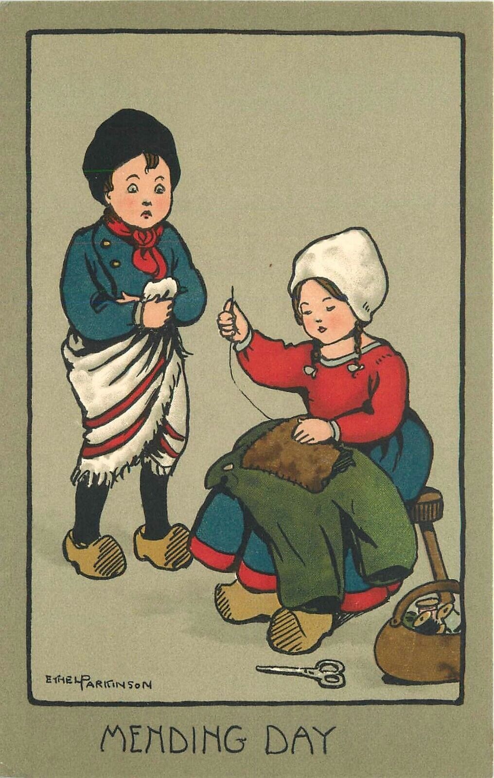 Postcard C-1910 Ethel Parkinson mending day arts Crafts Dutch Children 23-11991
