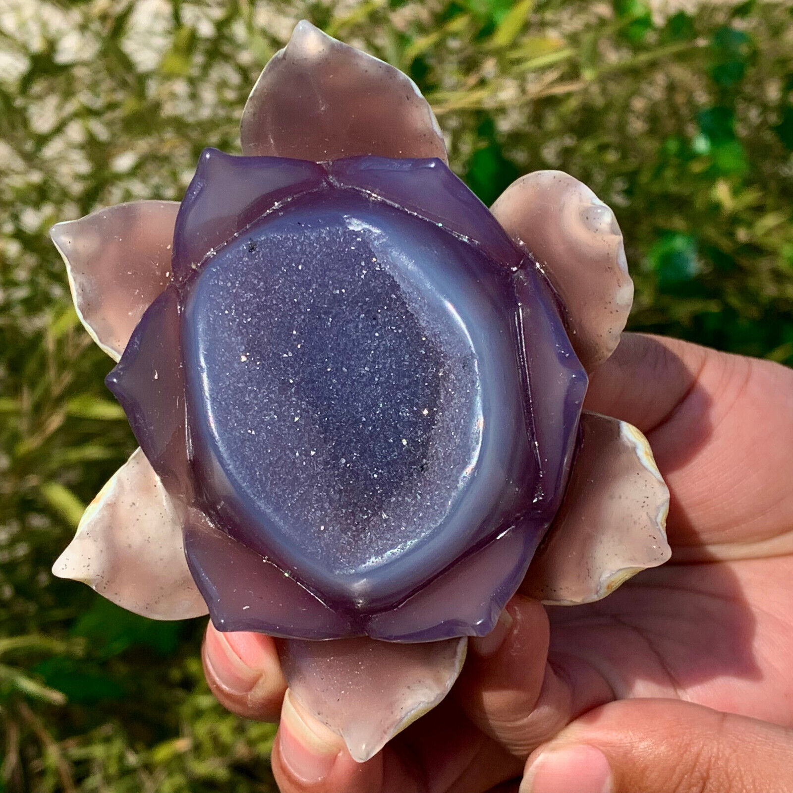 362G Natural GEODE Agate Hand Carved Lotus Quartz  Crystal Reiki Healing Gift