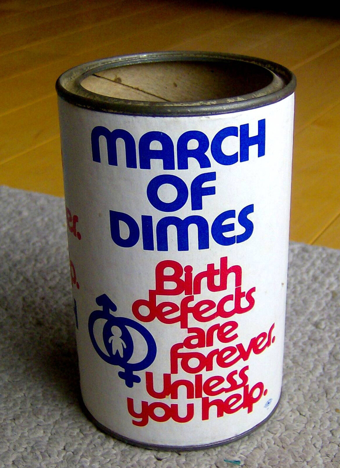 RARE vintage 1970s MARCH OF DIMES collection can BIRTH DEFECTS CHARITY old logo