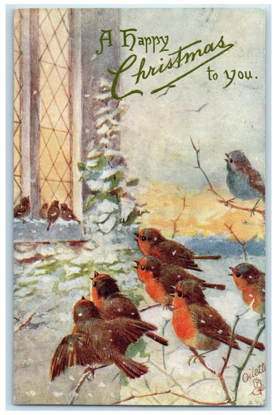 1907 Christmas Song Birds On Window Winter Oilette Tuck\'s Madison ME Postcard