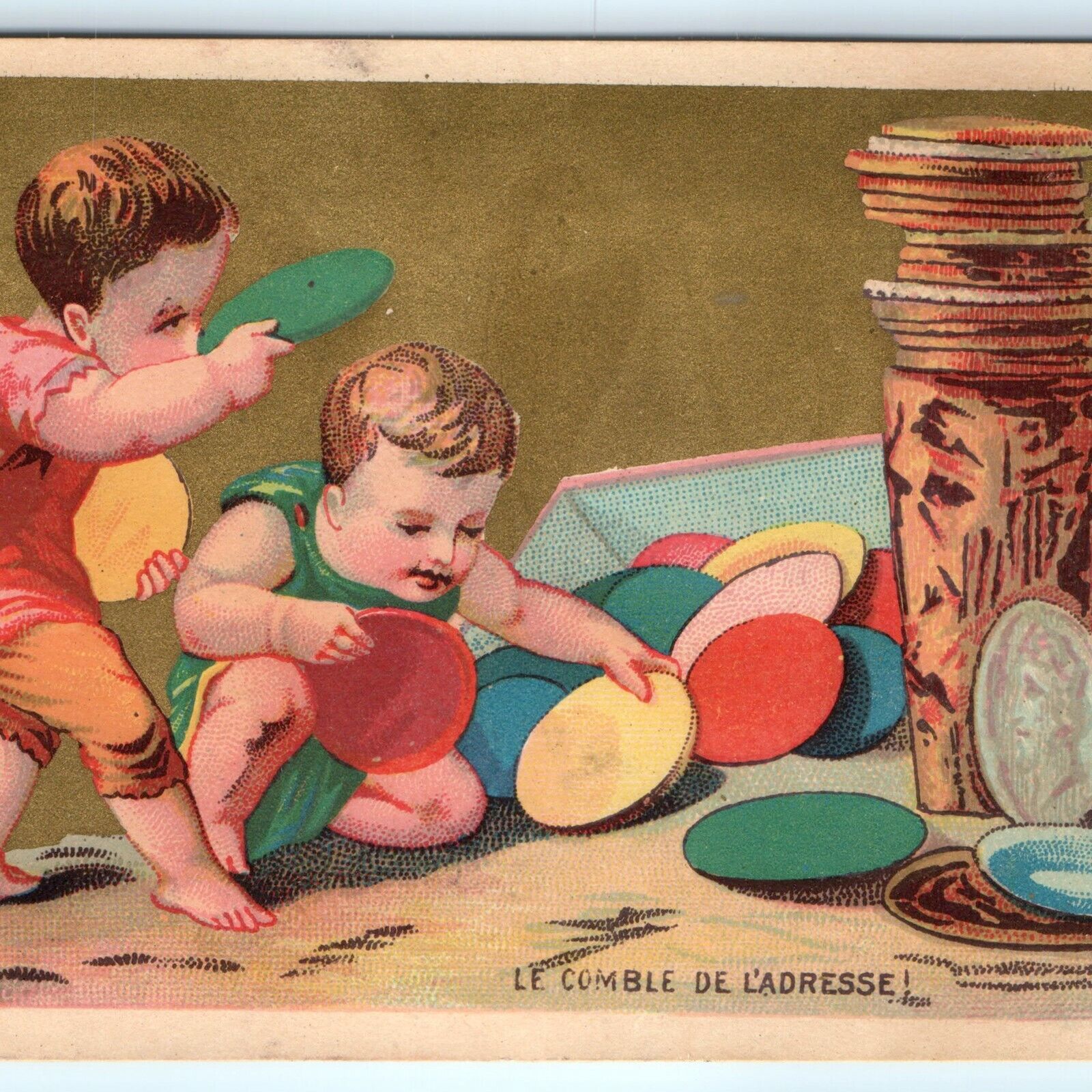 c1880s French Boy's Playing Victorian Stock Trade Card Gold Litho Children C24