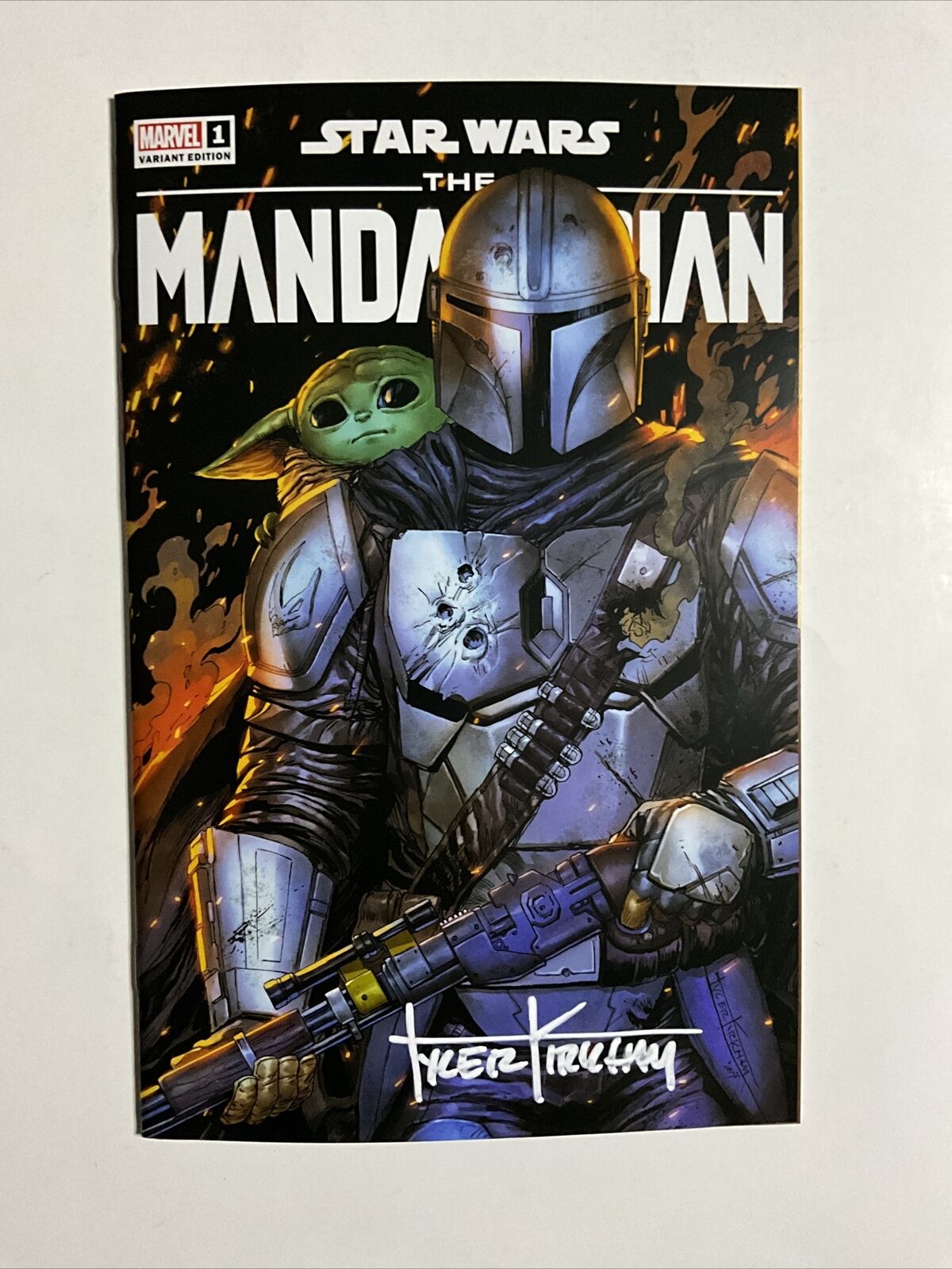 Star Wars Mandalorian #1 (2023) 9.4 NM Kirkham Battle Damage Artisan Signature