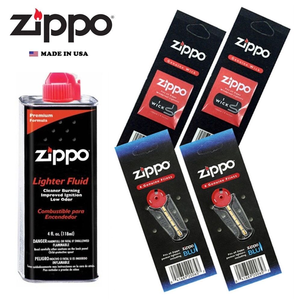 Zippo 4 fl oz Fluid Fuel and 2 Vulet Pack ( 12 Flints + 2 Wick ) Gift Set Combo