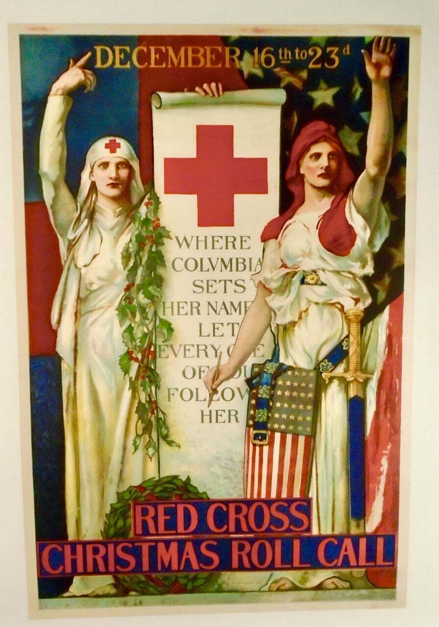 1918 ORIGINAL WW1 POSTER “RED CROSS CHRISTMAS ROLL CALL” / LINEN BACKED