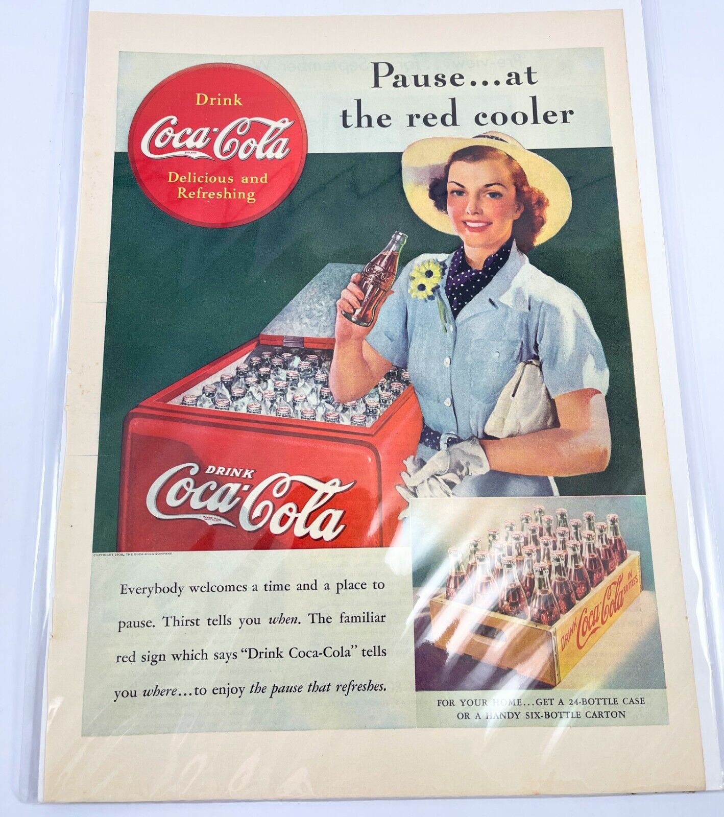 Coca Cola Ad 1938 Magazine Print Coke Glass Case Hat Pause At The Red Cooler