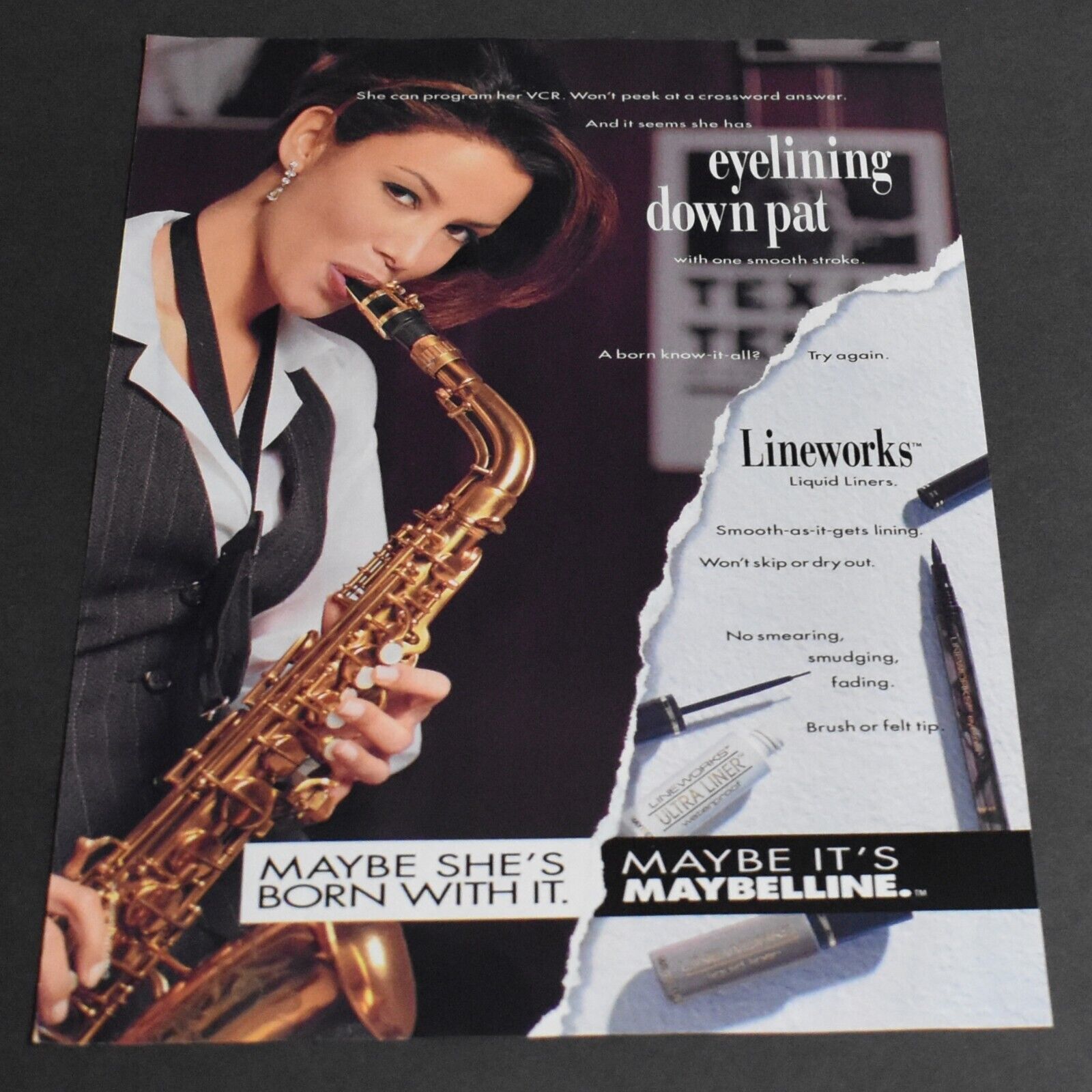 1993 Print Ad Christy Turlington Maybelline Saxophone Jazz Player Music Art Sexy