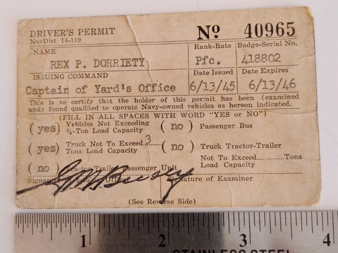 Vintage 1945 WWII Era US Navy Driver\'s Permit #18684