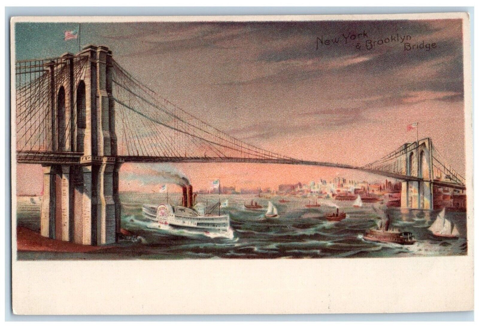 c1905 New York And Brooklyn Bridge, Steamer Ship Passing By Boats Postcard
