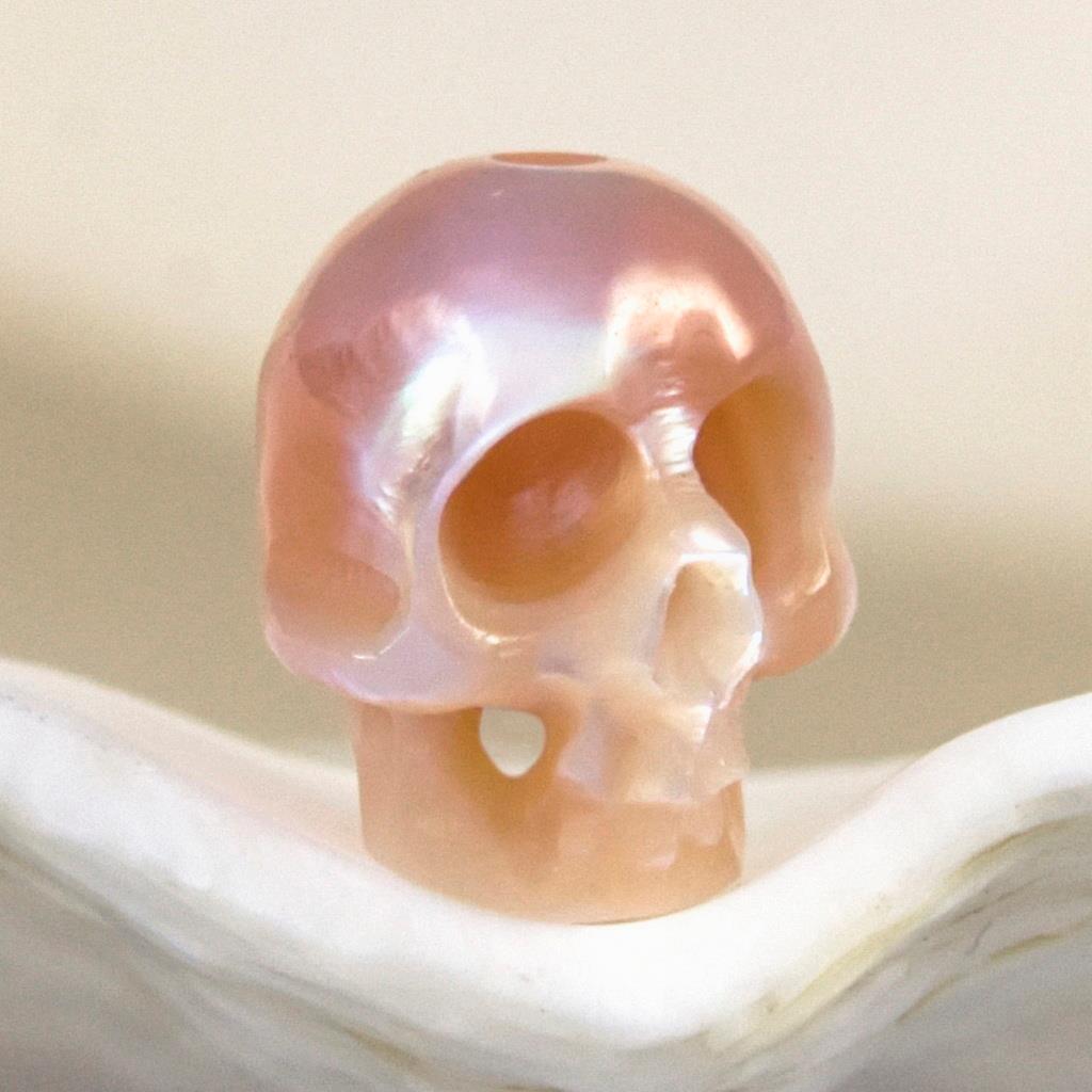 7.73mm Human Skull Carved Pink Peach Freshwater Pearl 0.30g vertically drilled
