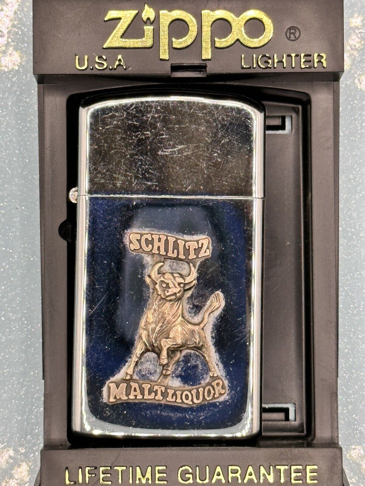 Vintage 1973 Schlitz Malt Liquor Bull Emblem HP Chrome Slim Zippo Lighter
