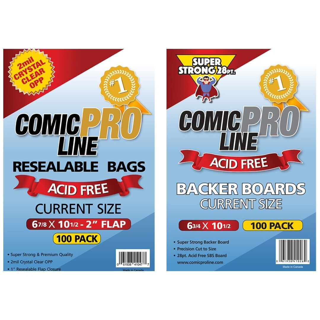 100 Pack - ComicProLine RESEALABLE Current Size Comic Book OPP Bags + Boards