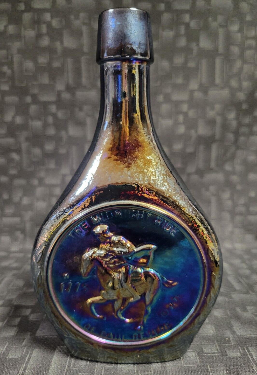 Vintage 1971 Wheaton Paul Revere Blue Iridescent Carnival Glass Decanter Bottle