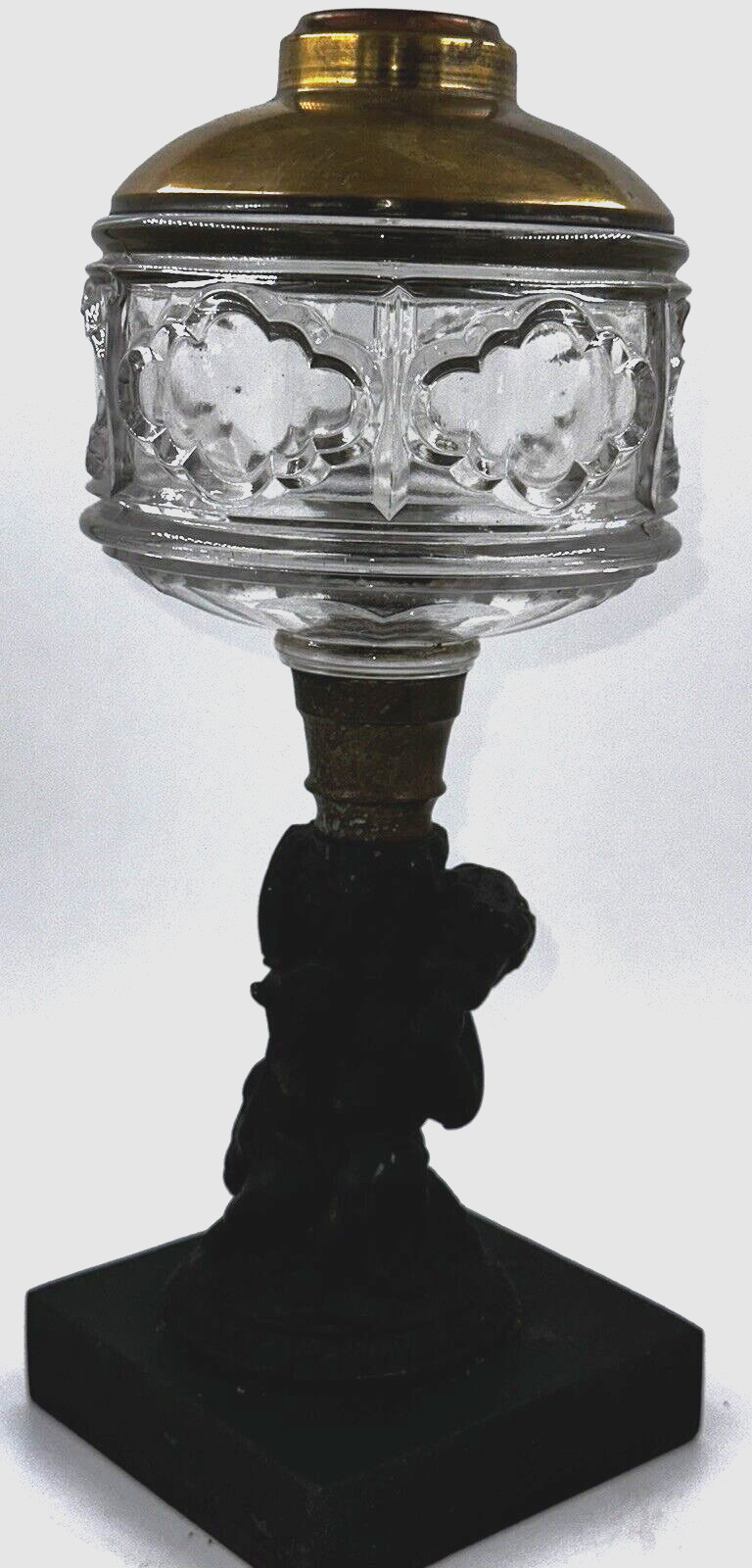 Antique Composite Kerosene Lamp Lovely Pendalogue Font Brass Shoulder Iron Base